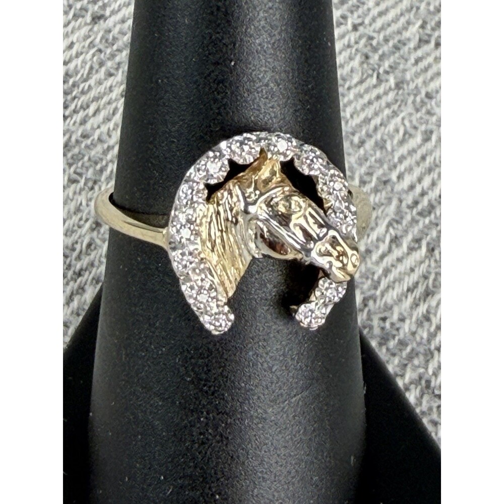 VTG 80s 10k Gold Lucky Horseshoe Horse Head Ring with Diamonds Genuine Tested